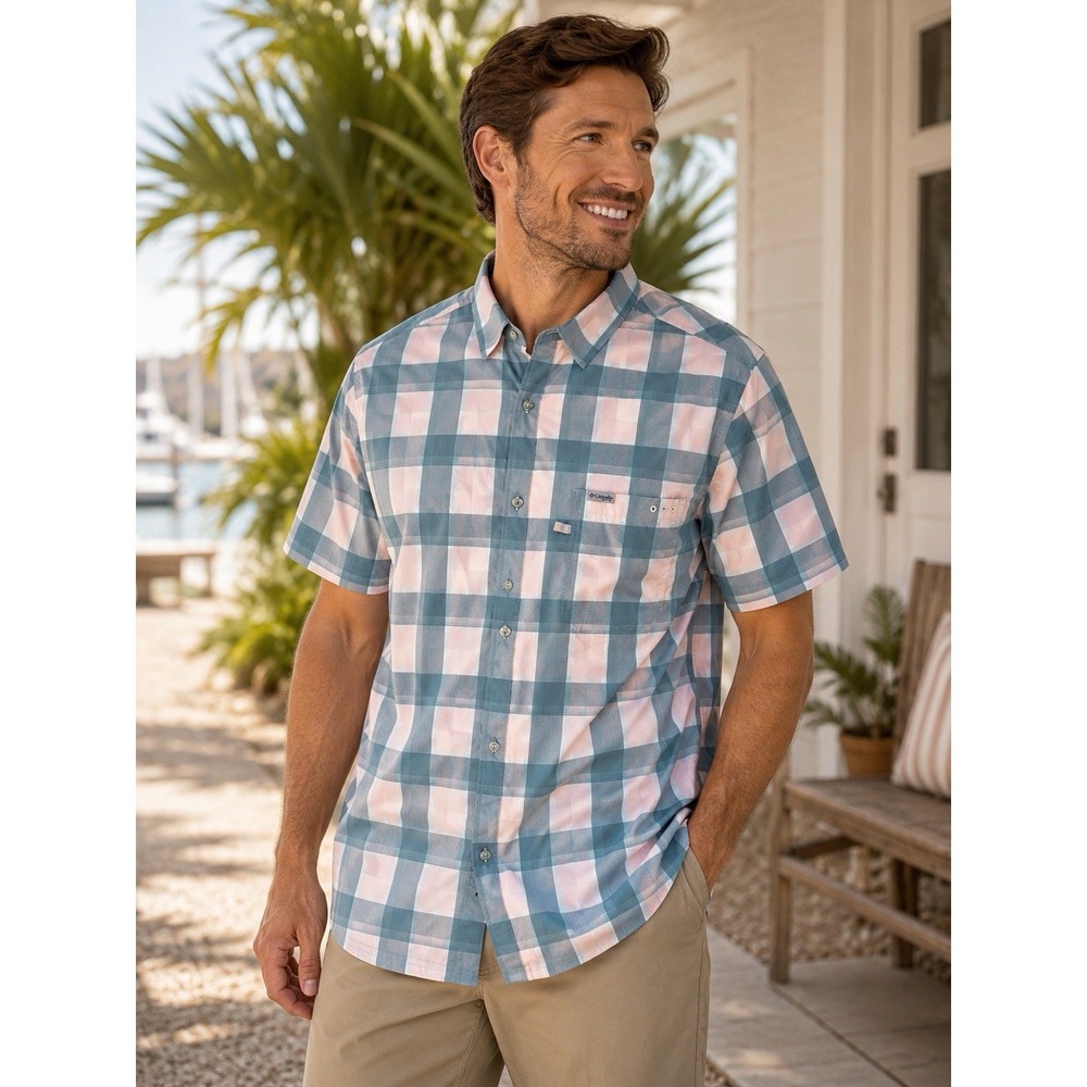 Columbia PFG Men's 2XLT Plaid Short Sleeve Fishing Shirt Blue Pink Stretch